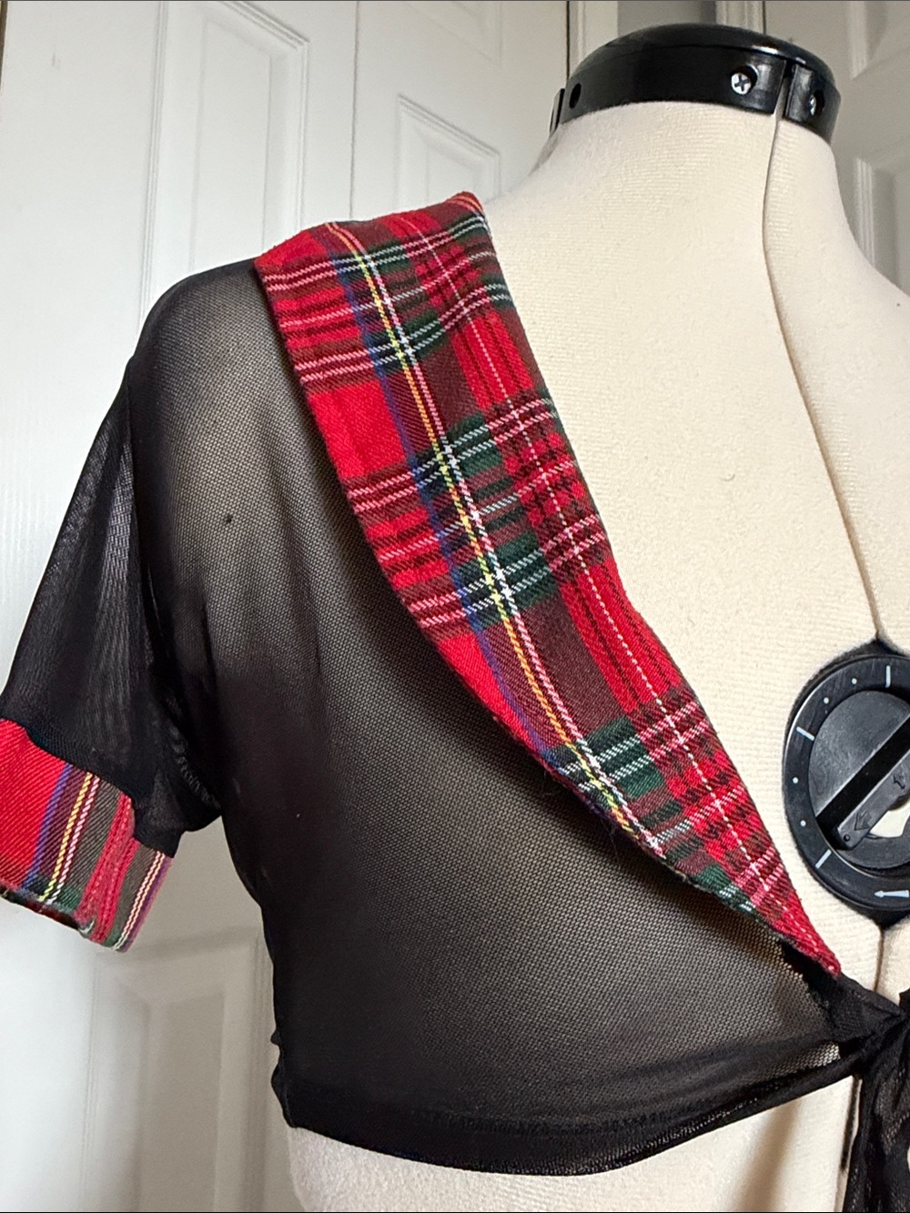 Black Sheer Tie-Front Crop Top with Red Plaid Trim - Picture 2 of 4